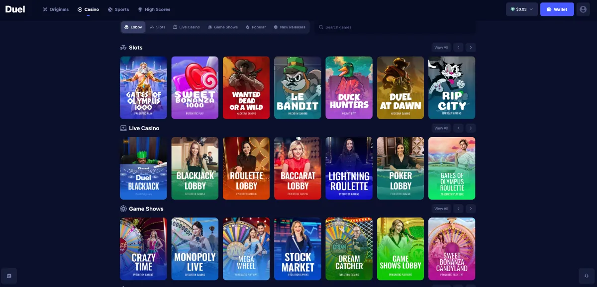duel casino mainpage