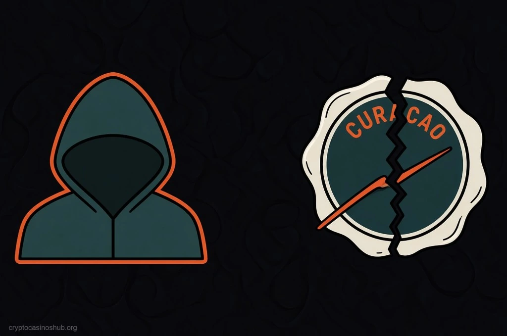 Hooded silhouette beside a cracked Curacao licence seal