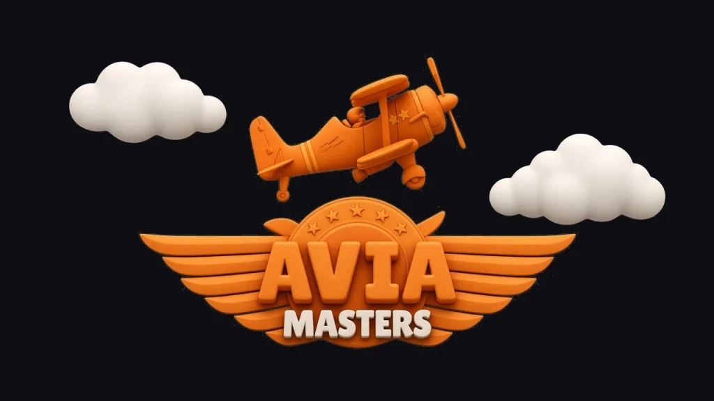 Aviamasters logo, an orange biplane between two clouds above a winged badge