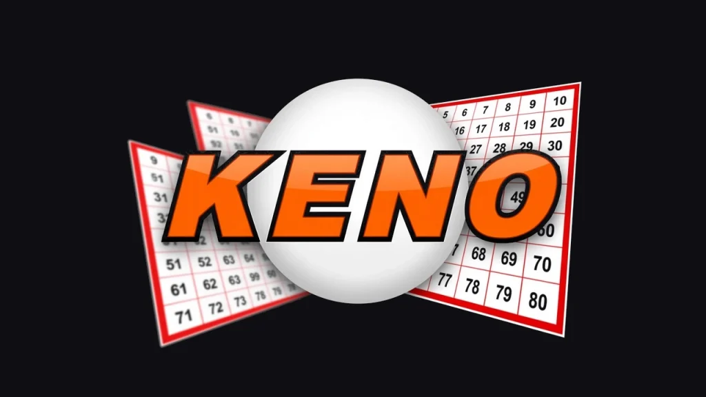Keno logo on a white ball in front of two numbered keno cards