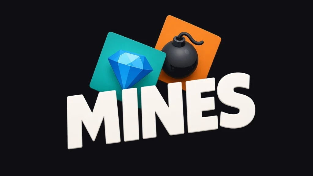 Mines logo beside a blue diamond tile and a black bomb tile