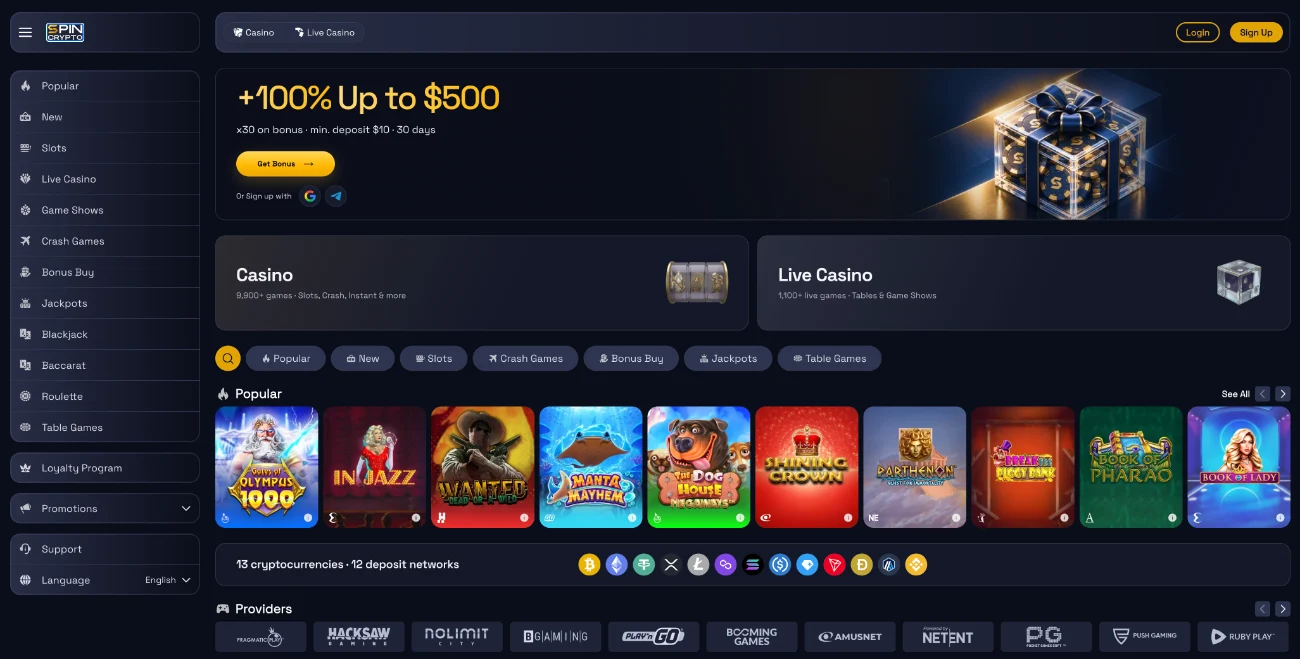 Spin Crypto Casino Main Page